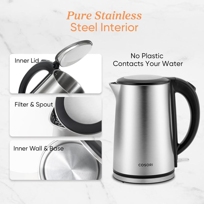 COSORI Electric Kettle, No Plastic Inner Lid, Filter and Spout, Double Wall Stainless Steel Keep Warm, Automatic Shut Off & Boil-Dry Protection, Durable Tea Kettle Boiler & Heater, 1.5L/1500W, Silver - Image 2